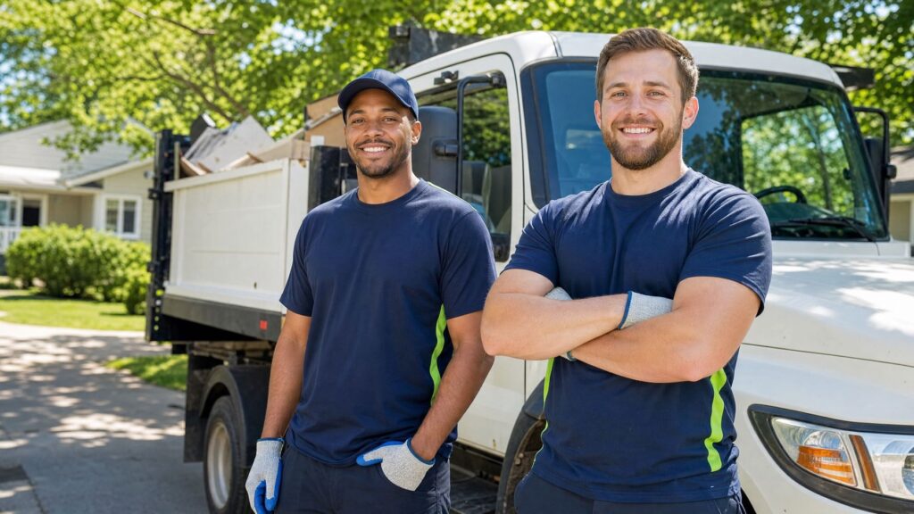 Two smiling Yard Boys crew members in navy uniforms standing in front of a work truck