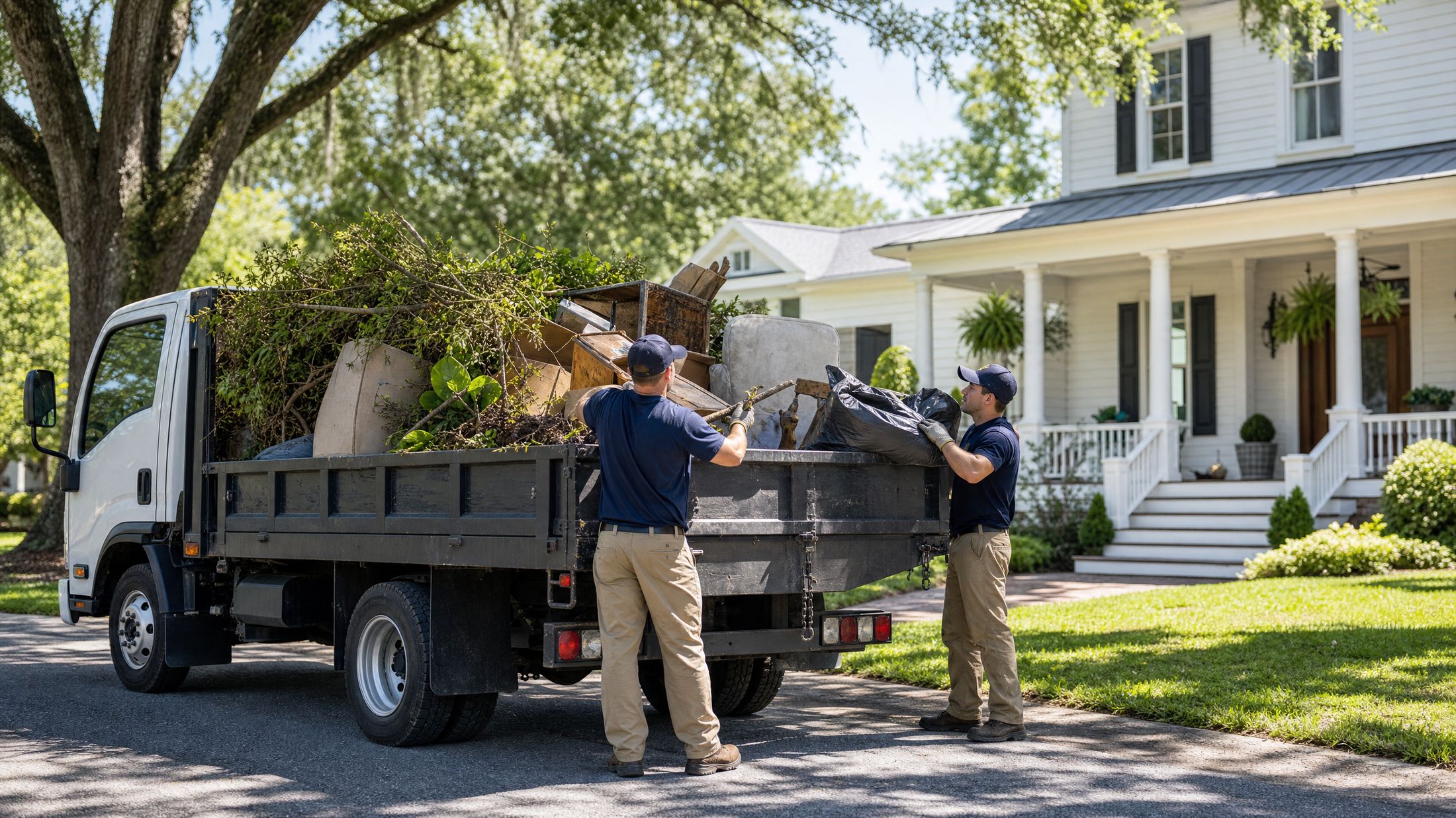 Yard Boys crew loading a truck with yard debris and junk in front of a Gulf Coast home